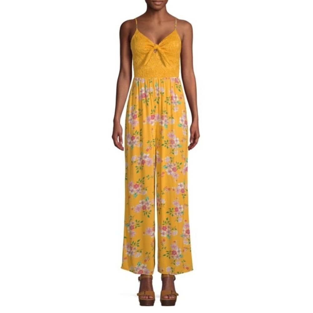 NO BOUNDARIES PRINTED TIE FRONT SPAGHETTI STRAP JUMPSUIT